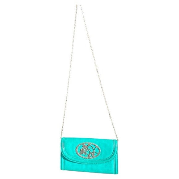 Melie Bianco Patent Gloss Clutch Aqua Green Metal Strap - Picture 2 of 12